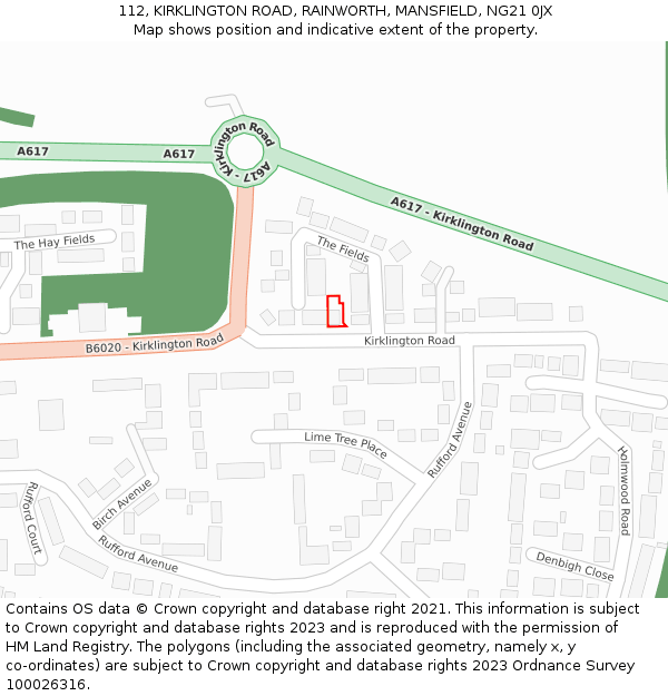 112, KIRKLINGTON ROAD, RAINWORTH, MANSFIELD, NG21 0JX: Location map and indicative extent of plot