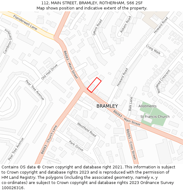 112, MAIN STREET, BRAMLEY, ROTHERHAM, S66 2SF: Location map and indicative extent of plot