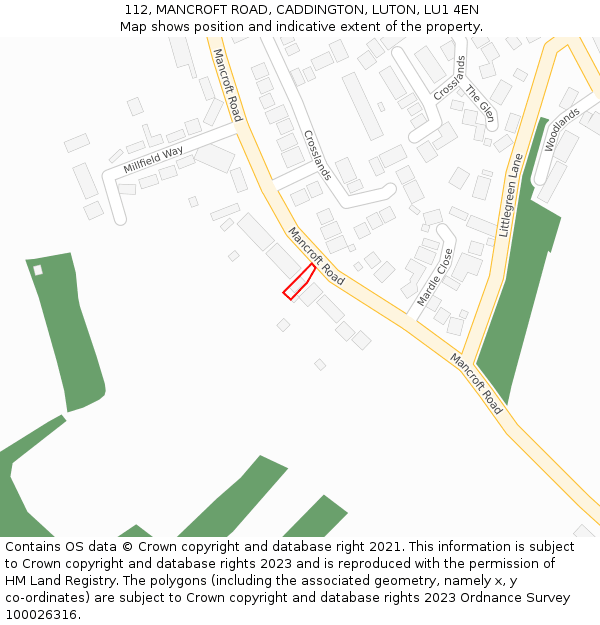 112, MANCROFT ROAD, CADDINGTON, LUTON, LU1 4EN: Location map and indicative extent of plot