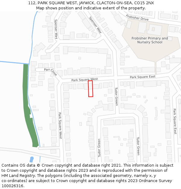 112, PARK SQUARE WEST, JAYWICK, CLACTON-ON-SEA, CO15 2NX: Location map and indicative extent of plot