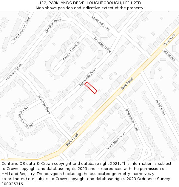 112, PARKLANDS DRIVE, LOUGHBOROUGH, LE11 2TD: Location map and indicative extent of plot