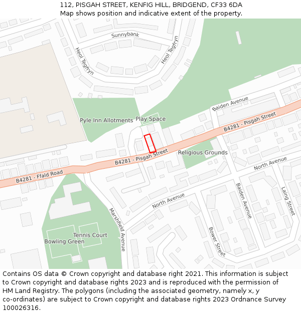 112, PISGAH STREET, KENFIG HILL, BRIDGEND, CF33 6DA: Location map and indicative extent of plot