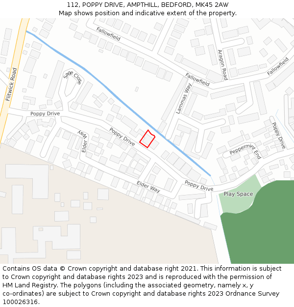 112, POPPY DRIVE, AMPTHILL, BEDFORD, MK45 2AW: Location map and indicative extent of plot