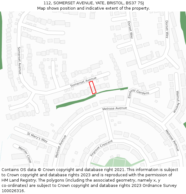 112, SOMERSET AVENUE, YATE, BRISTOL, BS37 7SJ: Location map and indicative extent of plot