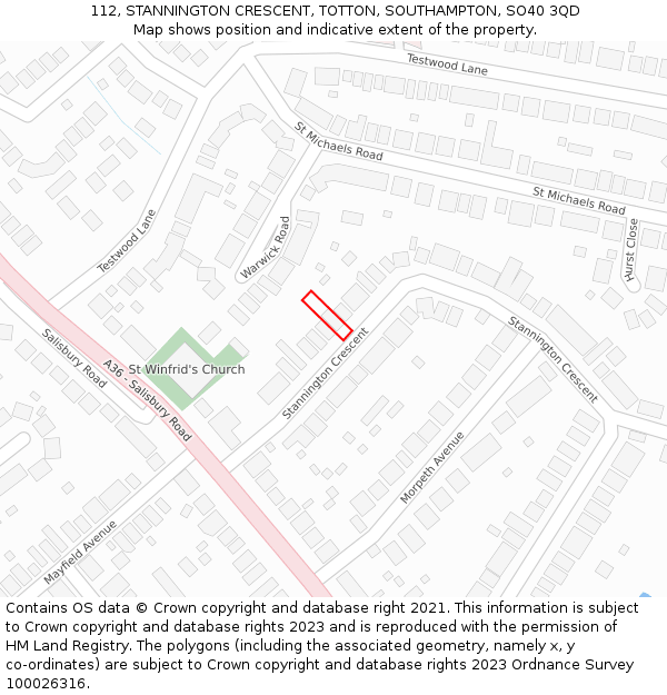 112, STANNINGTON CRESCENT, TOTTON, SOUTHAMPTON, SO40 3QD: Location map and indicative extent of plot