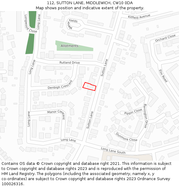 112, SUTTON LANE, MIDDLEWICH, CW10 0DA: Location map and indicative extent of plot