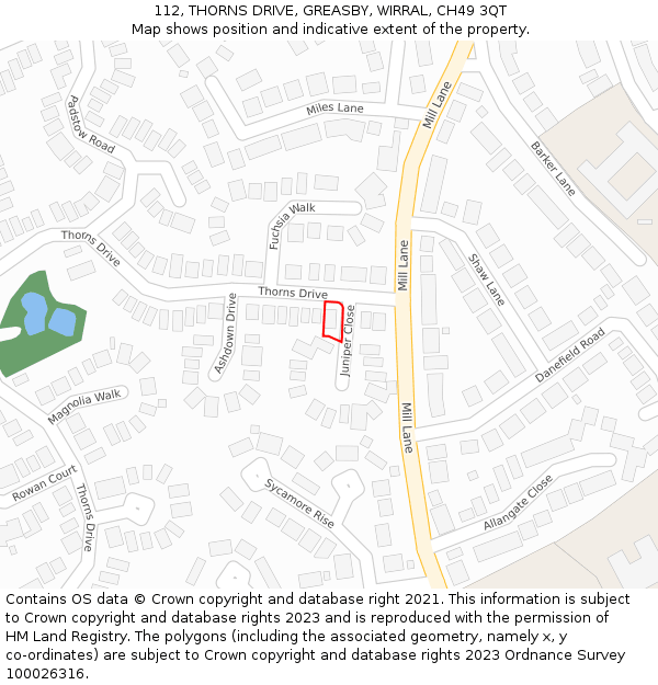 112, THORNS DRIVE, GREASBY, WIRRAL, CH49 3QT: Location map and indicative extent of plot