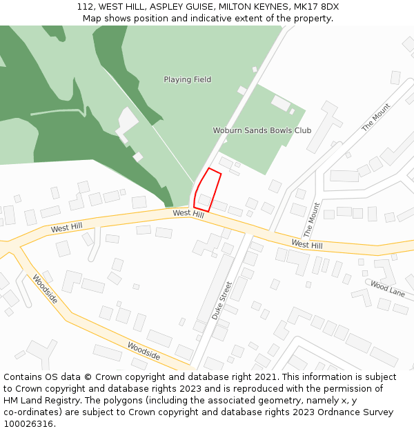 112, WEST HILL, ASPLEY GUISE, MILTON KEYNES, MK17 8DX: Location map and indicative extent of plot