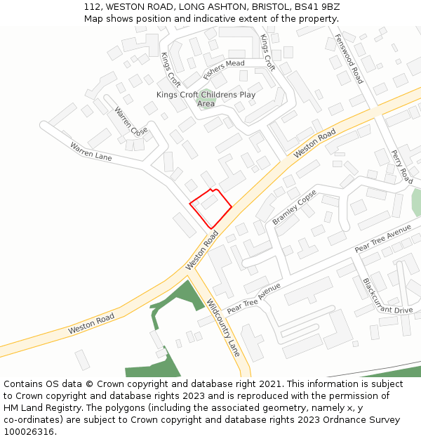 112, WESTON ROAD, LONG ASHTON, BRISTOL, BS41 9BZ: Location map and indicative extent of plot