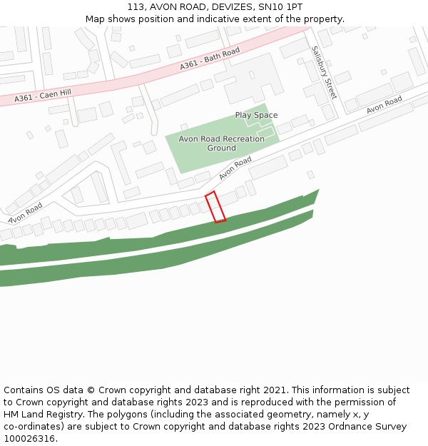 113, AVON ROAD, DEVIZES, SN10 1PT: Location map and indicative extent of plot