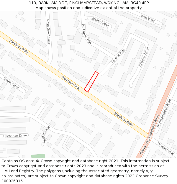 113, BARKHAM RIDE, FINCHAMPSTEAD, WOKINGHAM, RG40 4EP: Location map and indicative extent of plot