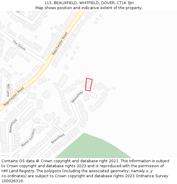 113, BEAUXFIELD, WHITFIELD, DOVER, CT16 3JH: Location map and indicative extent of plot
