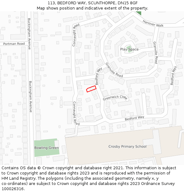 113, BEDFORD WAY, SCUNTHORPE, DN15 8GF: Location map and indicative extent of plot