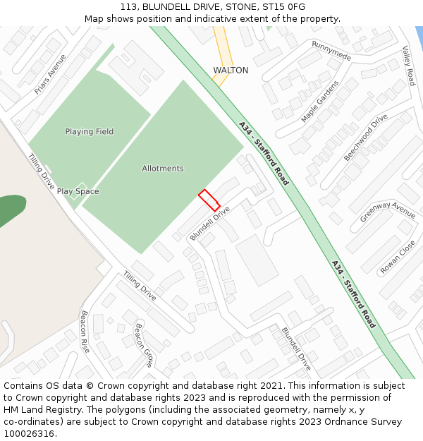 113, BLUNDELL DRIVE, STONE, ST15 0FG: Location map and indicative extent of plot