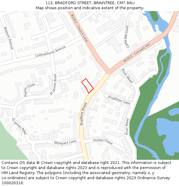 113, BRADFORD STREET, BRAINTREE, CM7 9AU: Location map and indicative extent of plot