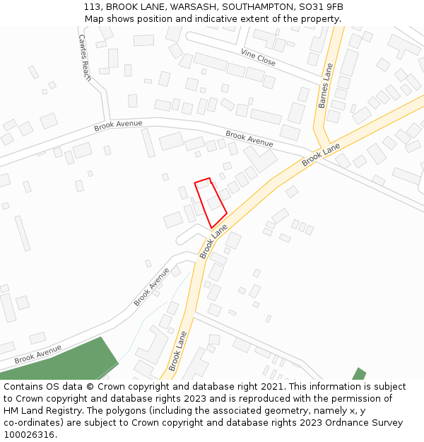 113, BROOK LANE, WARSASH, SOUTHAMPTON, SO31 9FB: Location map and indicative extent of plot