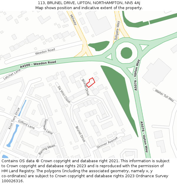 113, BRUNEL DRIVE, UPTON, NORTHAMPTON, NN5 4AJ: Location map and indicative extent of plot