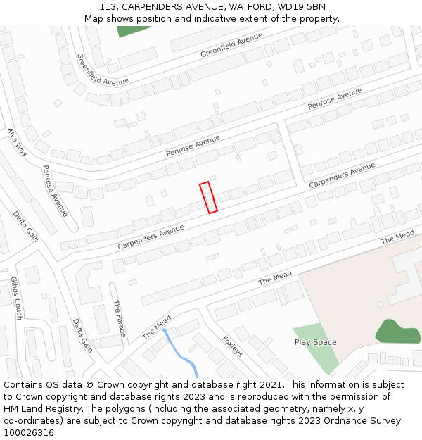 113, CARPENDERS AVENUE, WATFORD, WD19 5BN: Location map and indicative extent of plot