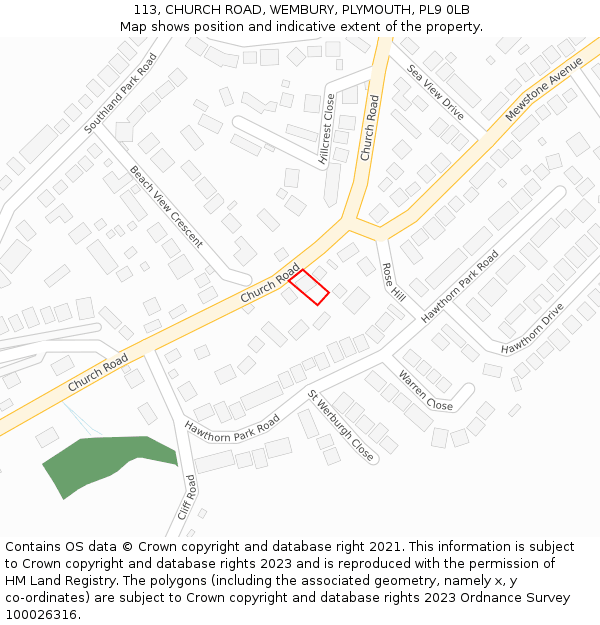 113, CHURCH ROAD, WEMBURY, PLYMOUTH, PL9 0LB: Location map and indicative extent of plot