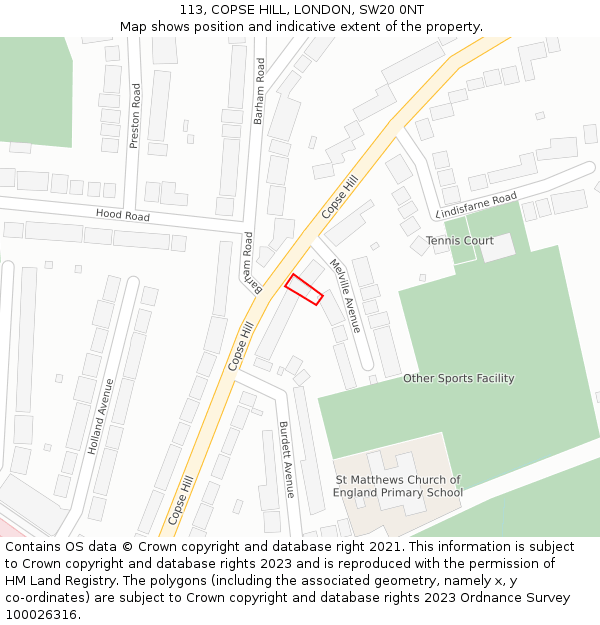 113, COPSE HILL, LONDON, SW20 0NT: Location map and indicative extent of plot