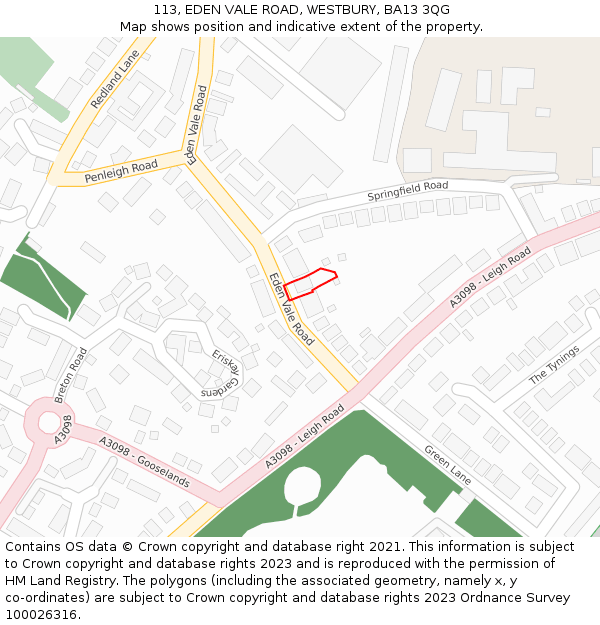 113, EDEN VALE ROAD, WESTBURY, BA13 3QG: Location map and indicative extent of plot