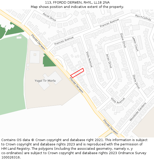 113, FFORDD DERWEN, RHYL, LL18 2NA: Location map and indicative extent of plot