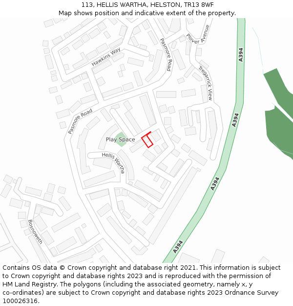 113, HELLIS WARTHA, HELSTON, TR13 8WF: Location map and indicative extent of plot