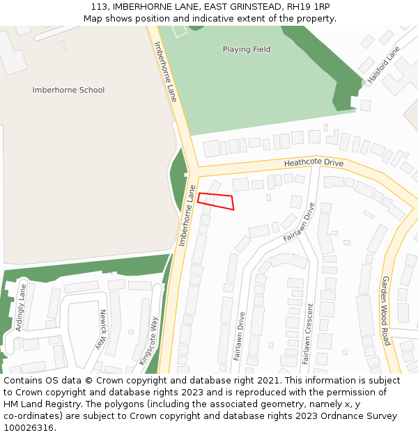 113, IMBERHORNE LANE, EAST GRINSTEAD, RH19 1RP: Location map and indicative extent of plot