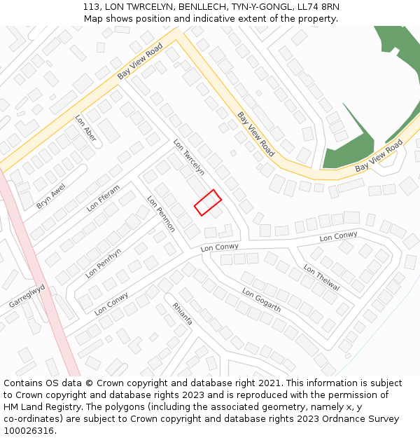 113, LON TWRCELYN, BENLLECH, TYN-Y-GONGL, LL74 8RN: Location map and indicative extent of plot