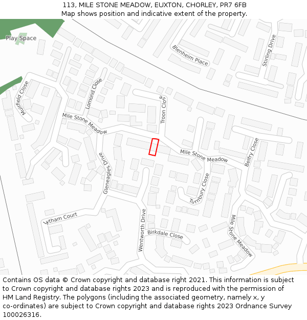 113, MILE STONE MEADOW, EUXTON, CHORLEY, PR7 6FB: Location map and indicative extent of plot