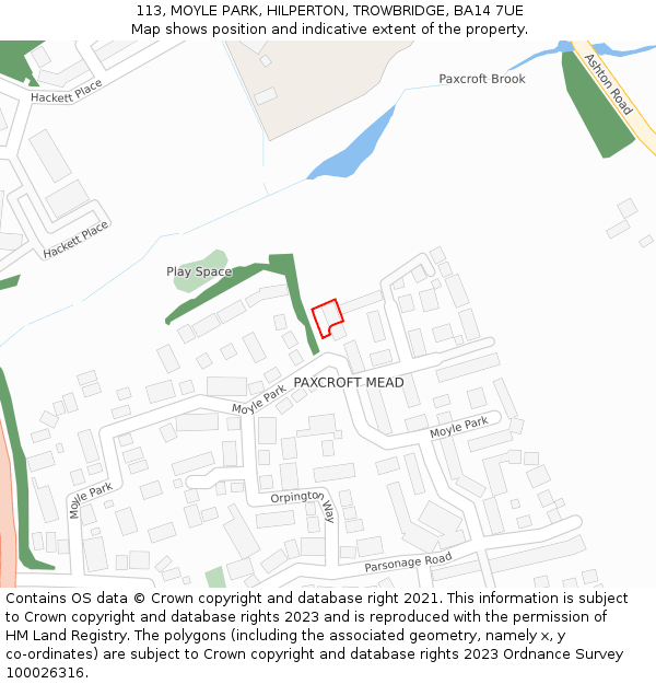 113, MOYLE PARK, HILPERTON, TROWBRIDGE, BA14 7UE: Location map and indicative extent of plot