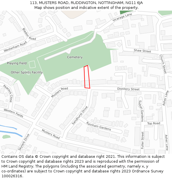 113, MUSTERS ROAD, RUDDINGTON, NOTTINGHAM, NG11 6JA: Location map and indicative extent of plot