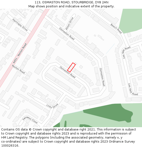 113, OSMASTON ROAD, STOURBRIDGE, DY8 2AN: Location map and indicative extent of plot