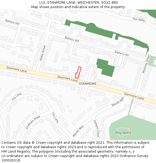 113, STANMORE LANE, WINCHESTER, SO22 4BS: Location map and indicative extent of plot