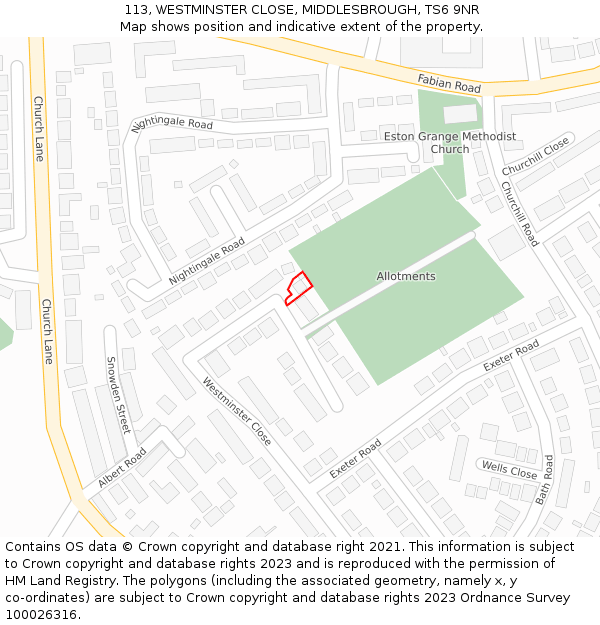 113, WESTMINSTER CLOSE, MIDDLESBROUGH, TS6 9NR: Location map and indicative extent of plot