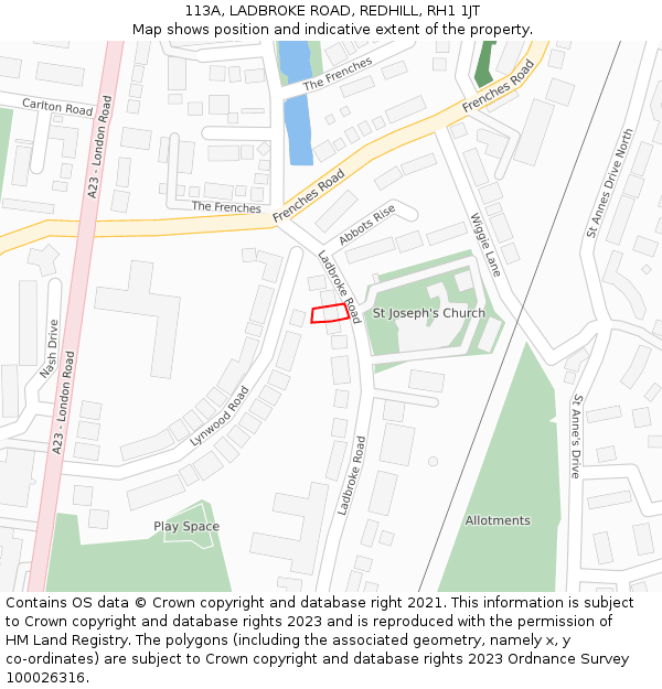 113A, LADBROKE ROAD, REDHILL, RH1 1JT: Location map and indicative extent of plot