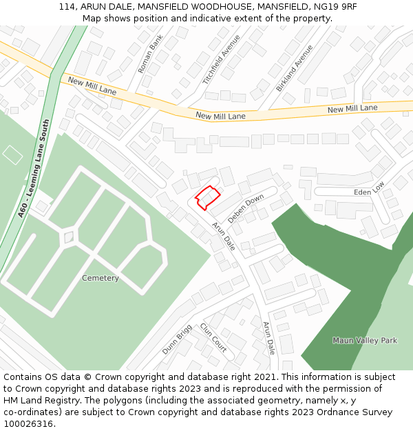 114, ARUN DALE, MANSFIELD WOODHOUSE, MANSFIELD, NG19 9RF: Location map and indicative extent of plot