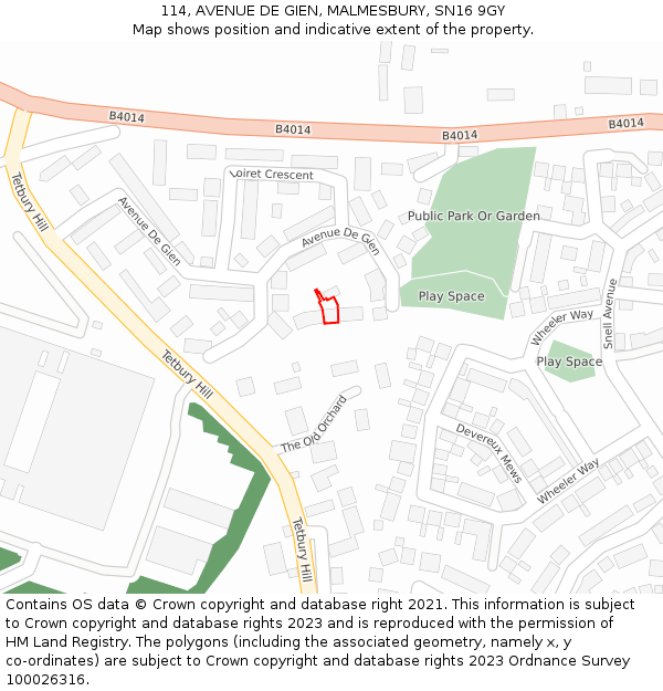 114, AVENUE DE GIEN, MALMESBURY, SN16 9GY: Location map and indicative extent of plot