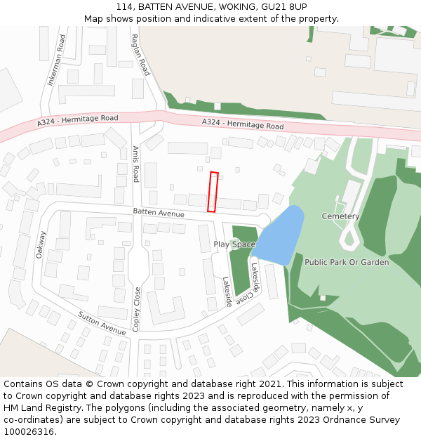 114, BATTEN AVENUE, WOKING, GU21 8UP: Location map and indicative extent of plot