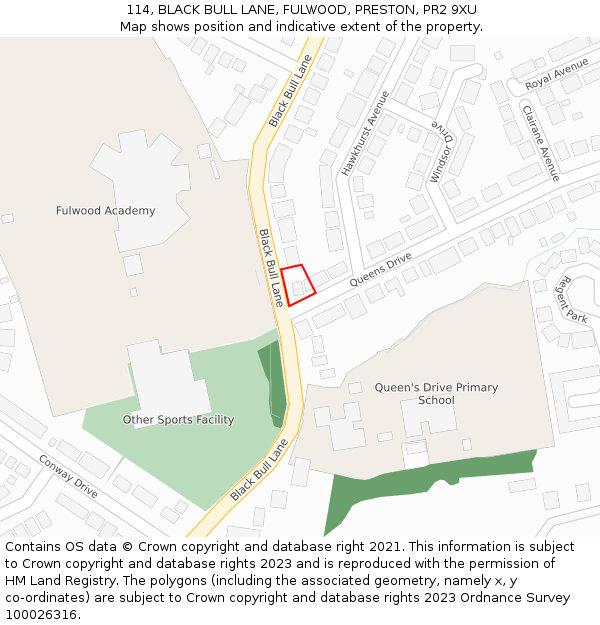 114, BLACK BULL LANE, FULWOOD, PRESTON, PR2 9XU: Location map and indicative extent of plot