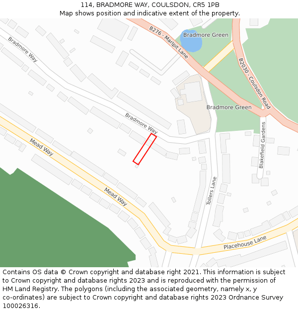 114, BRADMORE WAY, COULSDON, CR5 1PB: Location map and indicative extent of plot