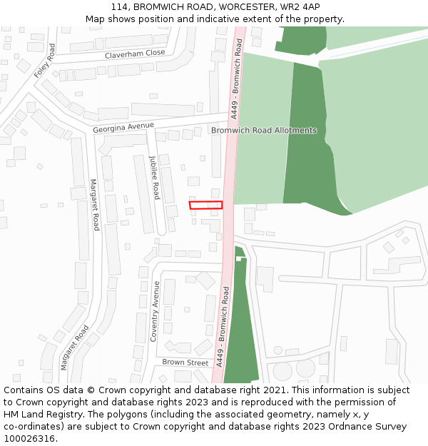 114, BROMWICH ROAD, WORCESTER, WR2 4AP: Location map and indicative extent of plot