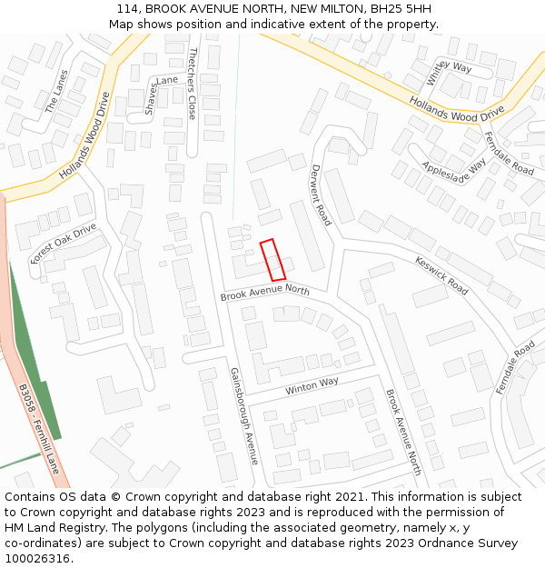 114, BROOK AVENUE NORTH, NEW MILTON, BH25 5HH: Location map and indicative extent of plot