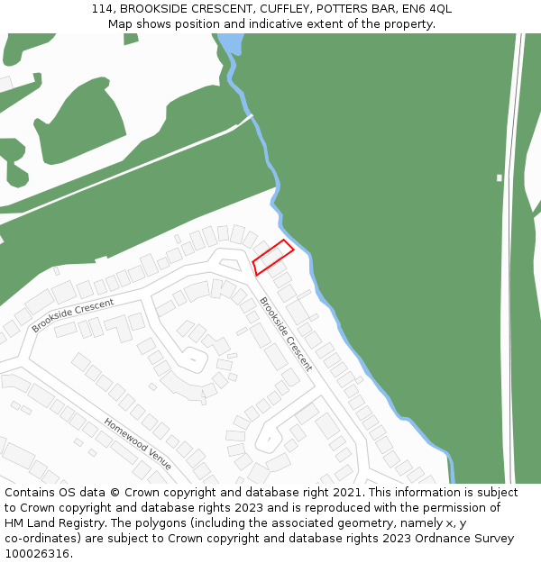 114, BROOKSIDE CRESCENT, CUFFLEY, POTTERS BAR, EN6 4QL: Location map and indicative extent of plot