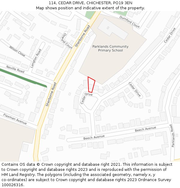 114, CEDAR DRIVE, CHICHESTER, PO19 3EN: Location map and indicative extent of plot