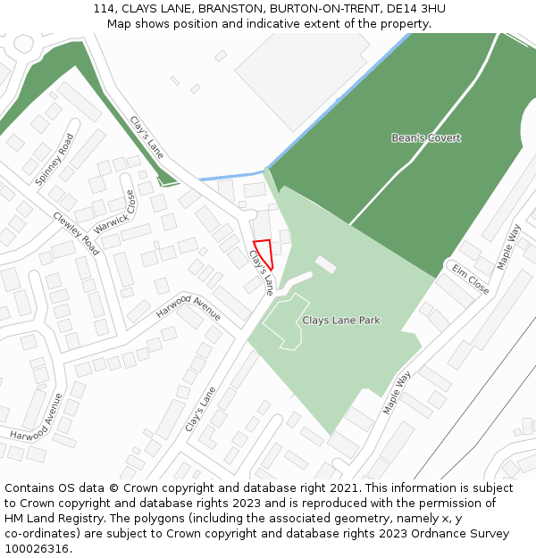 114, CLAYS LANE, BRANSTON, BURTON-ON-TRENT, DE14 3HU: Location map and indicative extent of plot