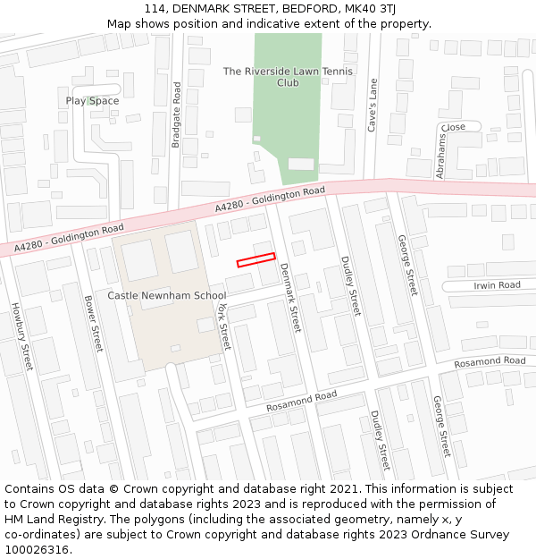 114, DENMARK STREET, BEDFORD, MK40 3TJ: Location map and indicative extent of plot