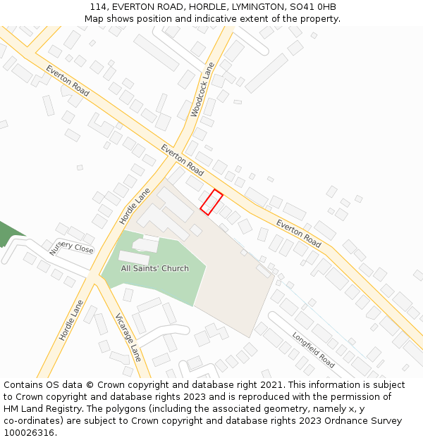 114, EVERTON ROAD, HORDLE, LYMINGTON, SO41 0HB: Location map and indicative extent of plot