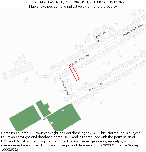 114, FEDERATION AVENUE, DESBOROUGH, KETTERING, NN14 2NX: Location map and indicative extent of plot