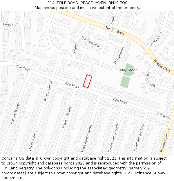 114, FIRLE ROAD, PEACEHAVEN, BN10 7QS: Location map and indicative extent of plot